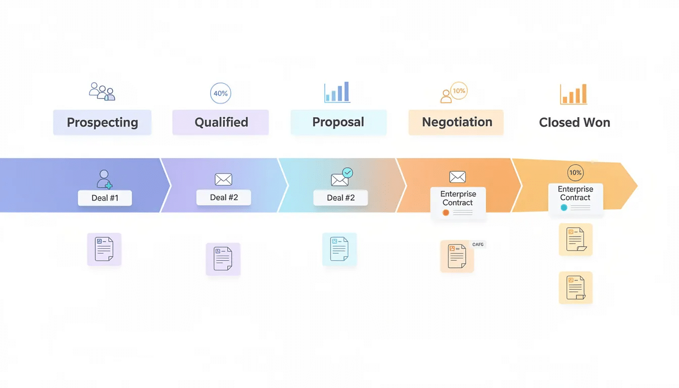 The image illustrates a sales pipeline, showcasing various stages where deals progress, emphasizing critical sales metrics and performance indicators. This visual representation aids sales managers in tracking sales performance and understanding the sales cycle length, ultimately contributing to the success of the sales team.